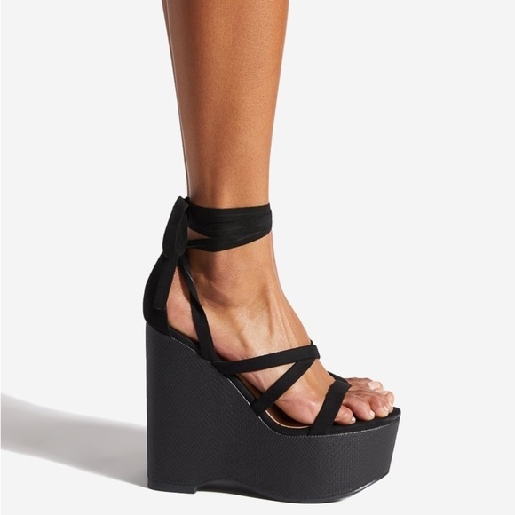 New Shoe Dazzle Kajsa High Platform Black Wedge Sandal with Ankle Ties - Picture 3 of 15